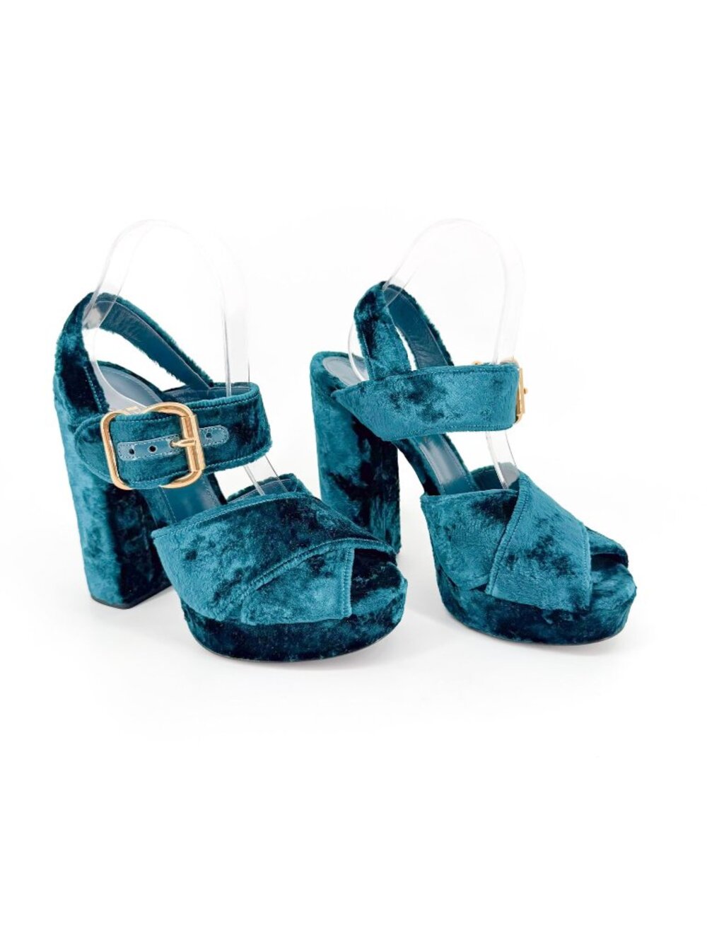 Prada Velvet Platform Sandals Pumps Heels Teal Blue Buckle Size 40 US 10